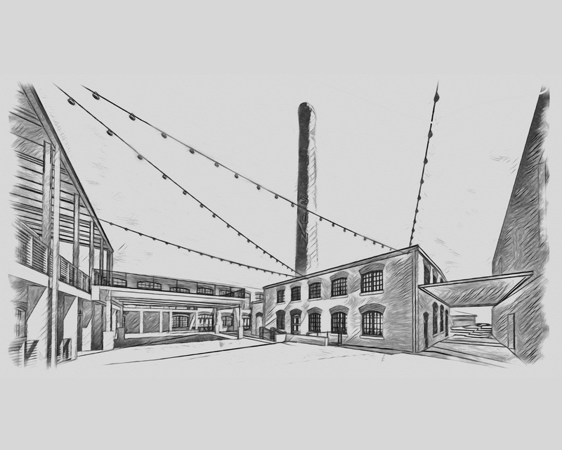 An external sketch of the Smokestack, viewed from the South Courtyard