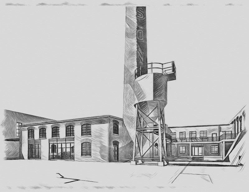An external sketch of the Smokestack, viewed from the parking lot.